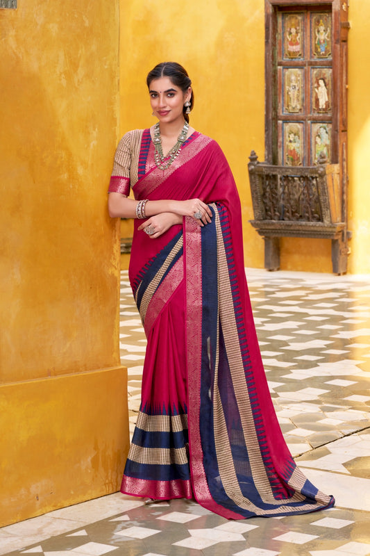 Pure Soft Poly Cotton Saree Printed With Zari Weaving Work With Blouse
