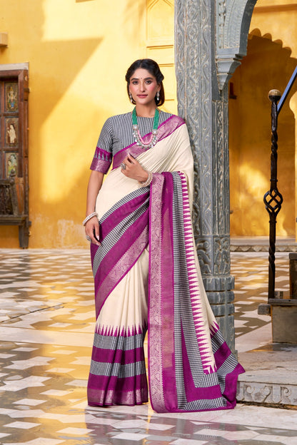 Pure Soft Poly Cotton Saree Printed With Zari Weaving Work With Blouse