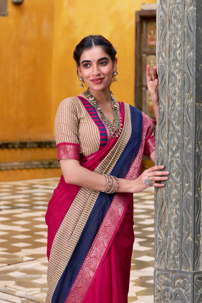 Pure Soft Poly Cotton Saree Printed With Zari Weaving Work With Blouse