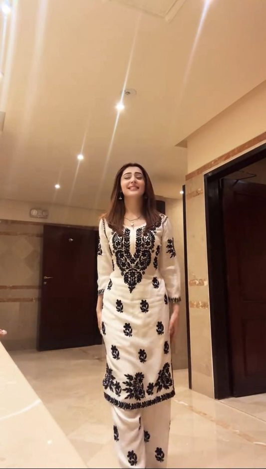 Stylish Designer Wear Muslin Kurta Palazzo With Embroidery Work