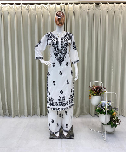 Stylish Designer Wear Muslin Kurta Palazzo With Embroidery Work