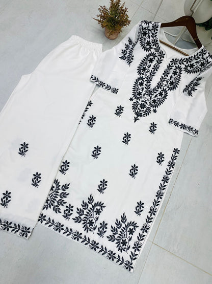 Stylish Designer Wear Muslin Kurta Palazzo With Embroidery Work