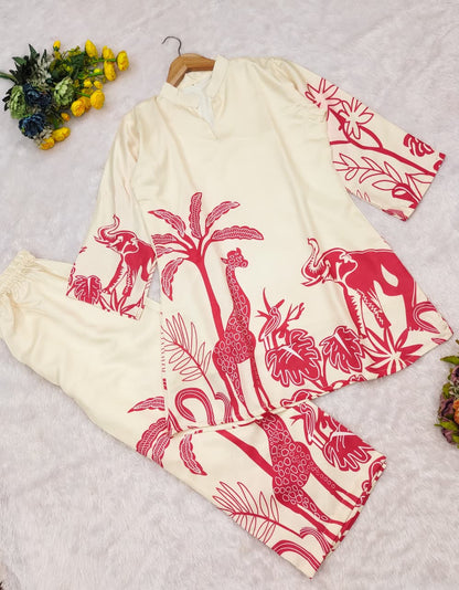 Trendy & Comfy Pure Malai Satin Silk Printed Top & Pant Set