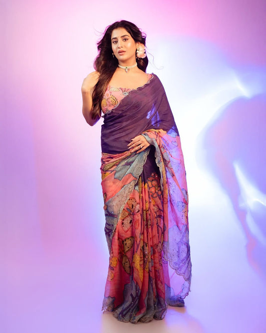 Celebrity Style Soft Tabby Silk Saree With Butterfly Print Moti Cut Dana Khatli Work