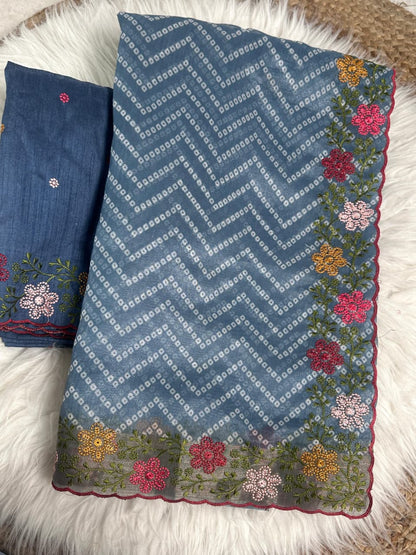 Special Bandhej Print Soft Cotton Satin Saree With Embroidery & Zari Work