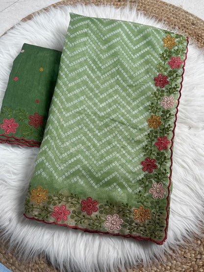 Special Bandhej Print Soft Cotton Satin Saree With Embroidery & Zari Work