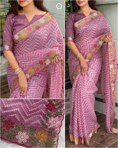 Special Bandhej Print Soft Cotton Satin Saree With Embroidery & Zari Work