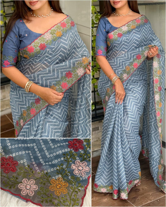 Special Bandhej Print Soft Cotton Satin Saree With Embroidery & Zari Work