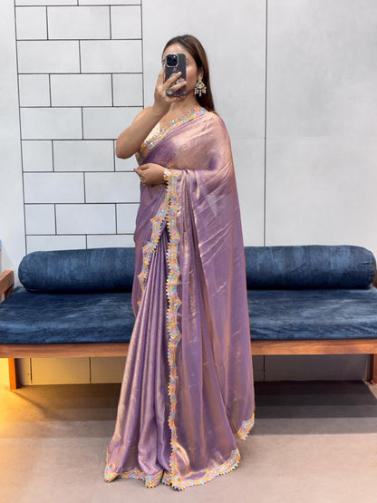 Stylish Rich Space Silk Two Tone Saree With Rainbow Cut Dana & Diamond Lace Work