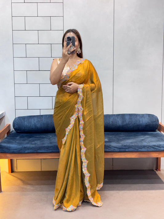 Stylish Rich Space Silk Two Tone Saree With Rainbow Cut Dana & Diamond Lace Work