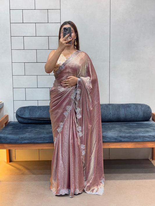 Stylish Trendy Rich Space Silk Saree With Heart Cut Dana & Diamond Work Border