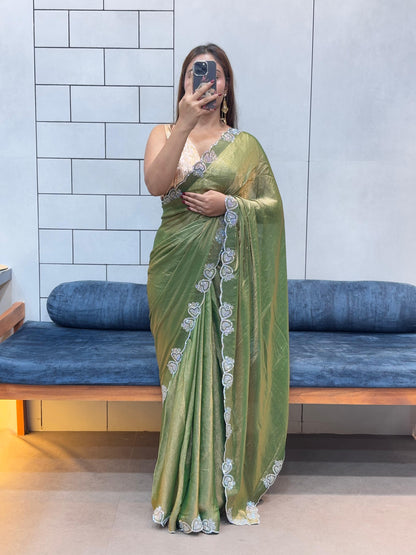 Stylish Trendy Rich Space Silk Saree With Heart Cut Dana & Diamond Work Border