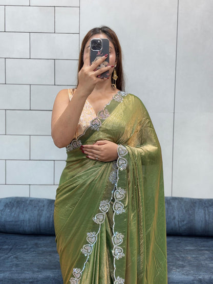 Stylish Trendy Rich Space Silk Saree With Heart Cut Dana & Diamond Work Border