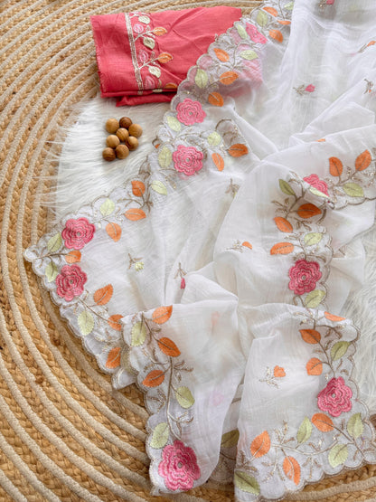Breezy Pastel Floral Embroidered Crunchy Chiffon Saree
