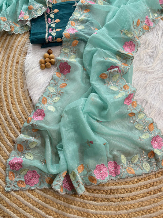 Breezy Pastel Floral Embroidered Crunchy Chiffon Saree