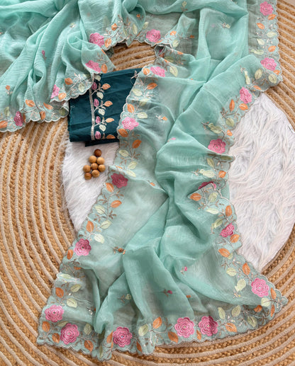 Breezy Pastel Floral Embroidered Crunchy Chiffon Saree