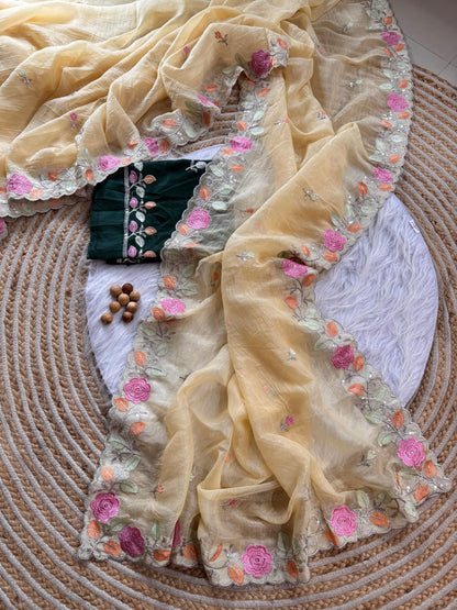 Breezy Pastel Floral Embroidered Crunchy Chiffon Saree