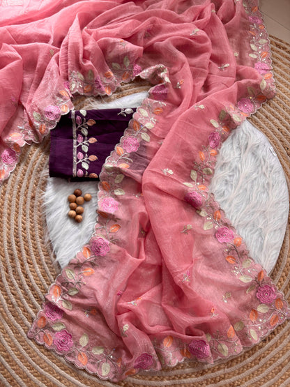 Breezy Pastel Floral Embroidered Crunchy Chiffon Saree