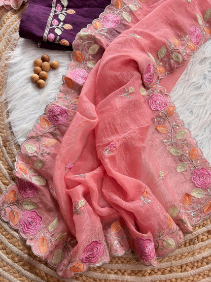 Breezy Pastel Floral Embroidered Crunchy Chiffon Saree