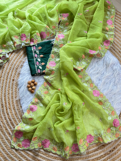 Breezy Pastel Floral Embroidered Crunchy Chiffon Saree