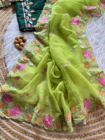 Breezy Pastel Floral Embroidered Crunchy Chiffon Saree