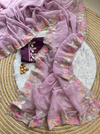Breezy Pastel Floral Embroidered Crunchy Chiffon Saree