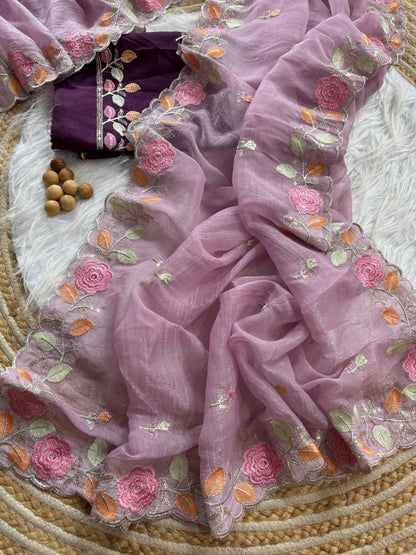 Breezy Pastel Floral Embroidered Crunchy Chiffon Saree