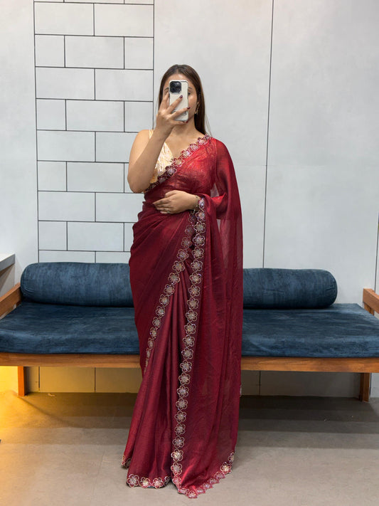Stylish Trendy Rich Space Silk Saree With Flower Port Cut Dana & Diamond Work