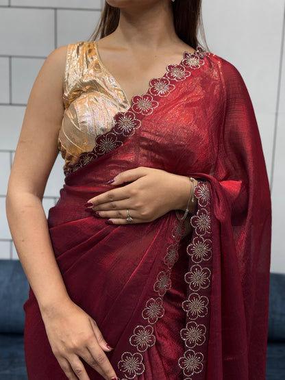 Stylish Trendy Rich Space Silk Saree With Flower Port Cut Dana & Diamond Work