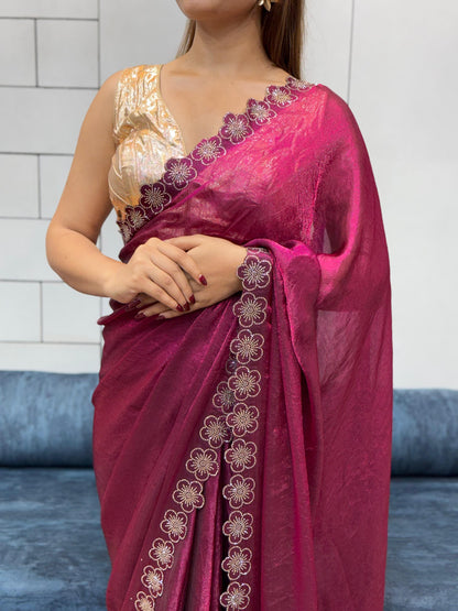 Stylish Trendy Rich Space Silk Saree With Flower Port Cut Dana & Diamond Work