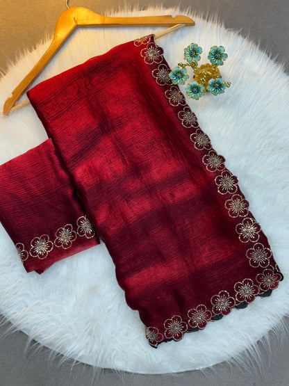 Stylish Trendy Rich Space Silk Saree With Flower Port Cut Dana & Diamond Work