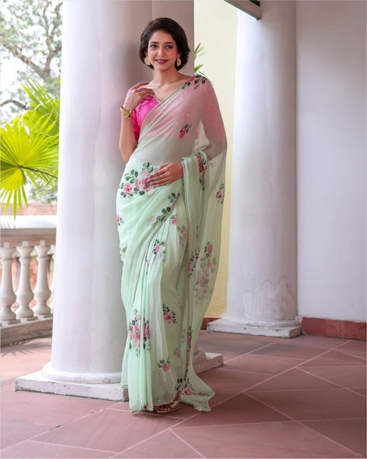 Special Celebrity Style Soft Faux Georgette Moti Handwork Saree