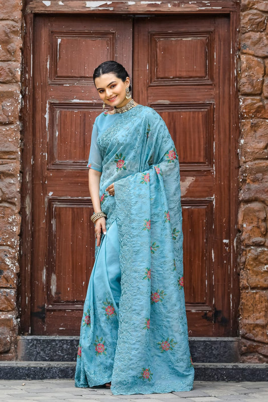 Pure Shiny Chiffon Saree With Zari Cutwork & Embroidery Work
