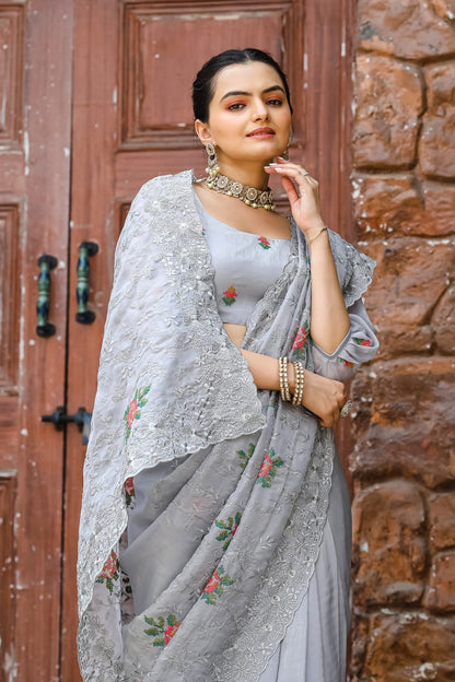Pure Shiny Chiffon Saree With Zari Cutwork & Embroidery Work
