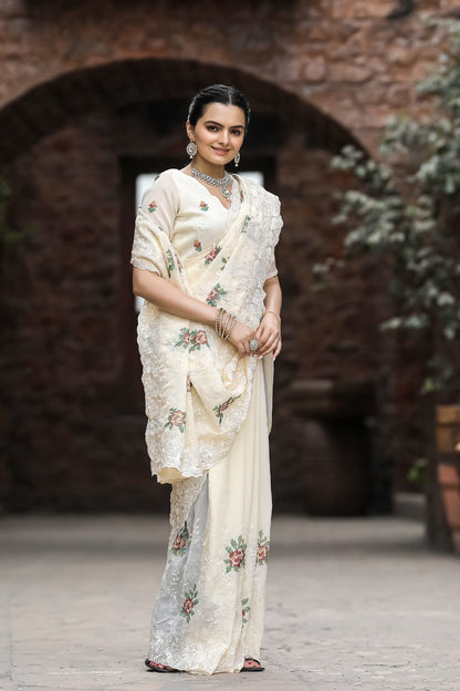 Pure Shiny Chiffon Saree With Zari Cutwork & Embroidery Work