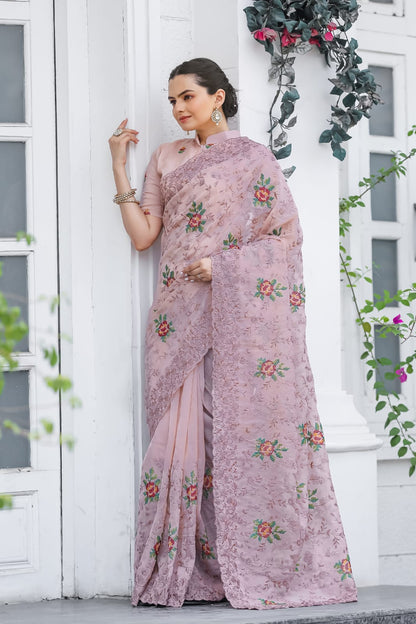 Pure Shiny Chiffon Saree With Zari Cutwork & Embroidery Work
