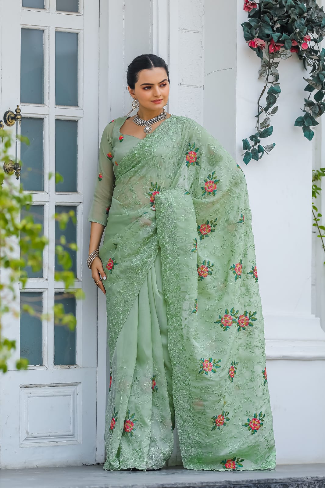 Pure Shiny Chiffon Saree With Zari Cutwork & Embroidery Work