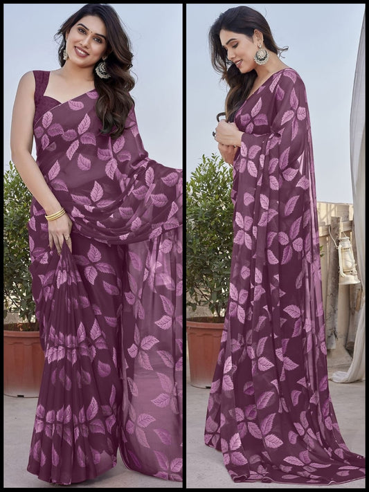Pure Smooth Chiffon Printed Trendy Daily Wear Saree With Blouse