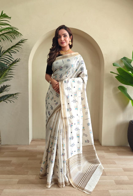 Pure Loom Tussar Saree With All Over Worli Embroidery Pattern & Copper Zari Border