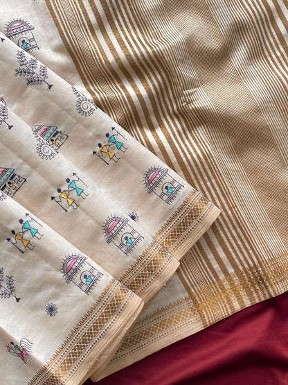 Pure Loom Tussar Saree With All Over Worli Embroidery Pattern & Copper Zari Border