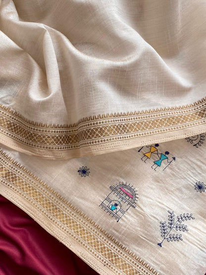 Pure Loom Tussar Saree With All Over Worli Embroidery Pattern & Copper Zari Border