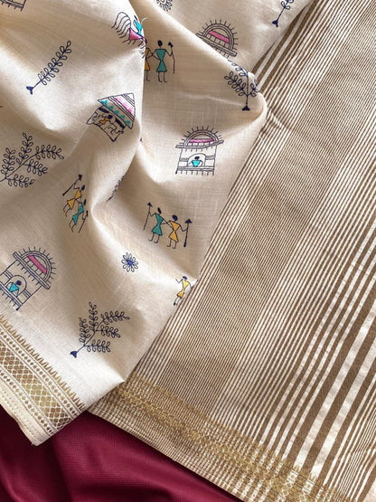 Pure Loom Tussar Saree With All Over Worli Embroidery Pattern & Copper Zari Border