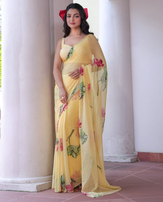 Celebrity Style Soft Faux Georgette Saree With Floral Print & Khatli Handwork