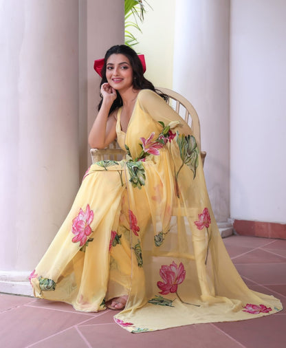 Celebrity Style Soft Faux Georgette Saree With Floral Print & Khatli Handwork