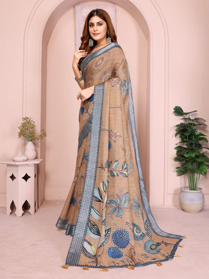 Elegant Linen Cotton Beige Saree With Blue Floral Accents