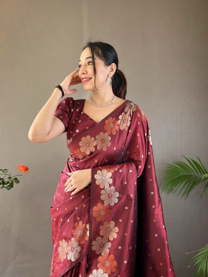 Classy Pure Soft Silk Saree With Copper & Gold Weaving All Over