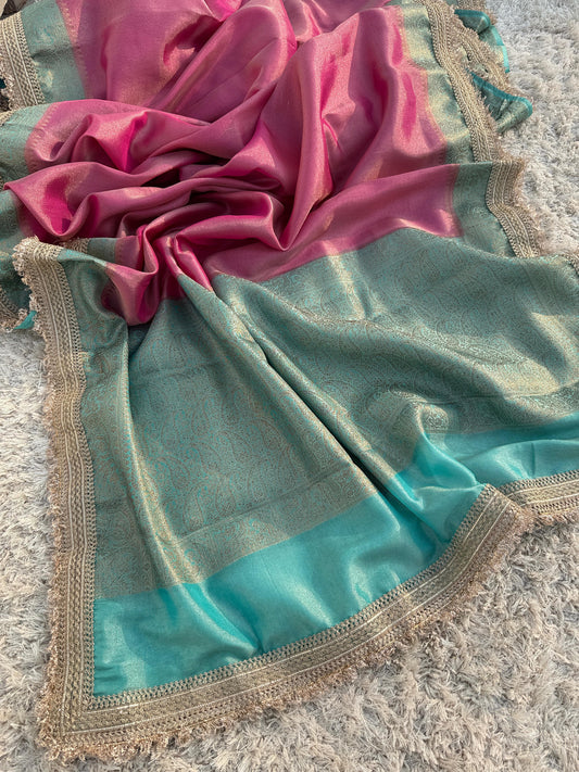 Premium Banarasi Maharani Katan Tissue Soft Silk Saree Dual Shade With Lace Work