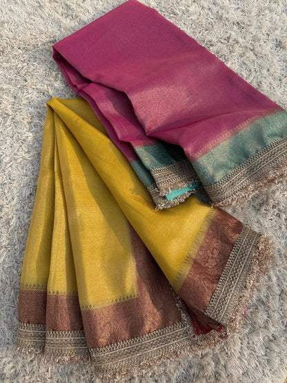 Premium Banarasi Maharani Katan Tissue Soft Silk Saree Dual Shade With Lace Work