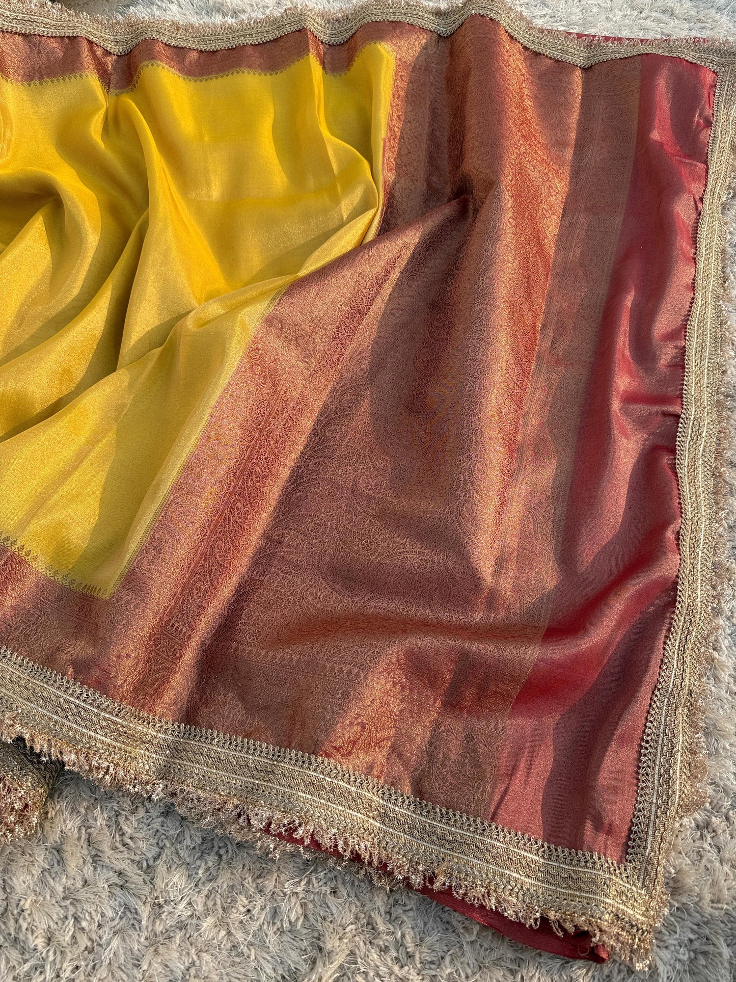Premium Banarasi Maharani Katan Tissue Soft Silk Saree Dual Shade With Lace Work