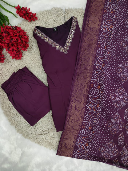 Exclusive PV Chanderi Kurti With Embroidery Work On Neck WIth Pant & Printed Dupatta